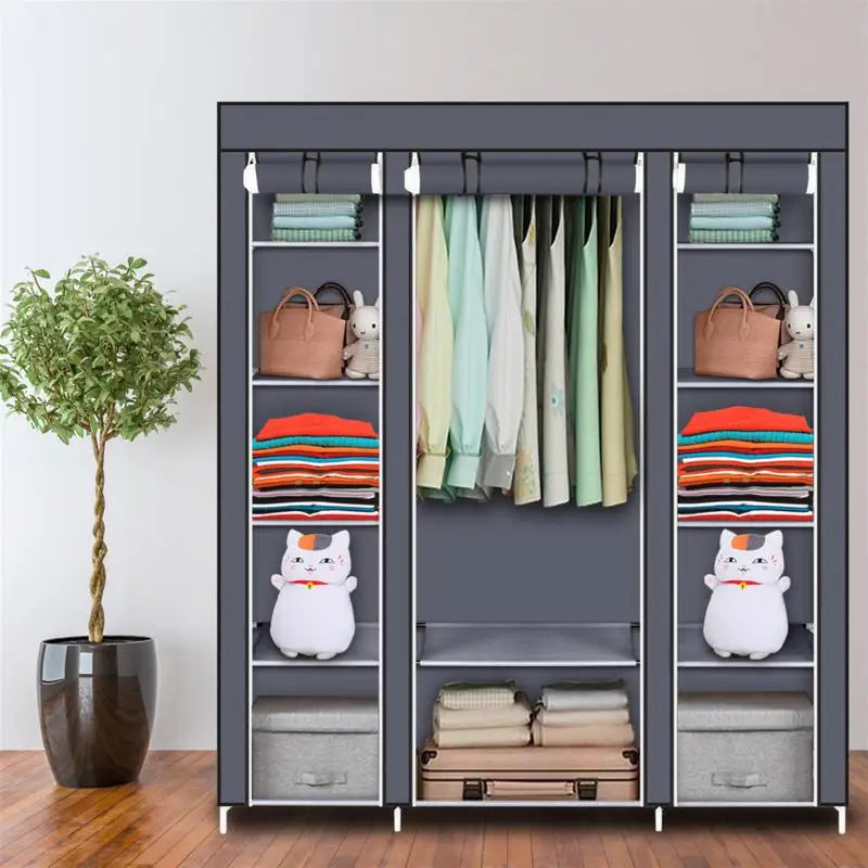 Foldable Wardrobe Rental Room Bedroom Clothes Closet; Double Rod  FOR Clothes; Storage Organizer Home Furniture