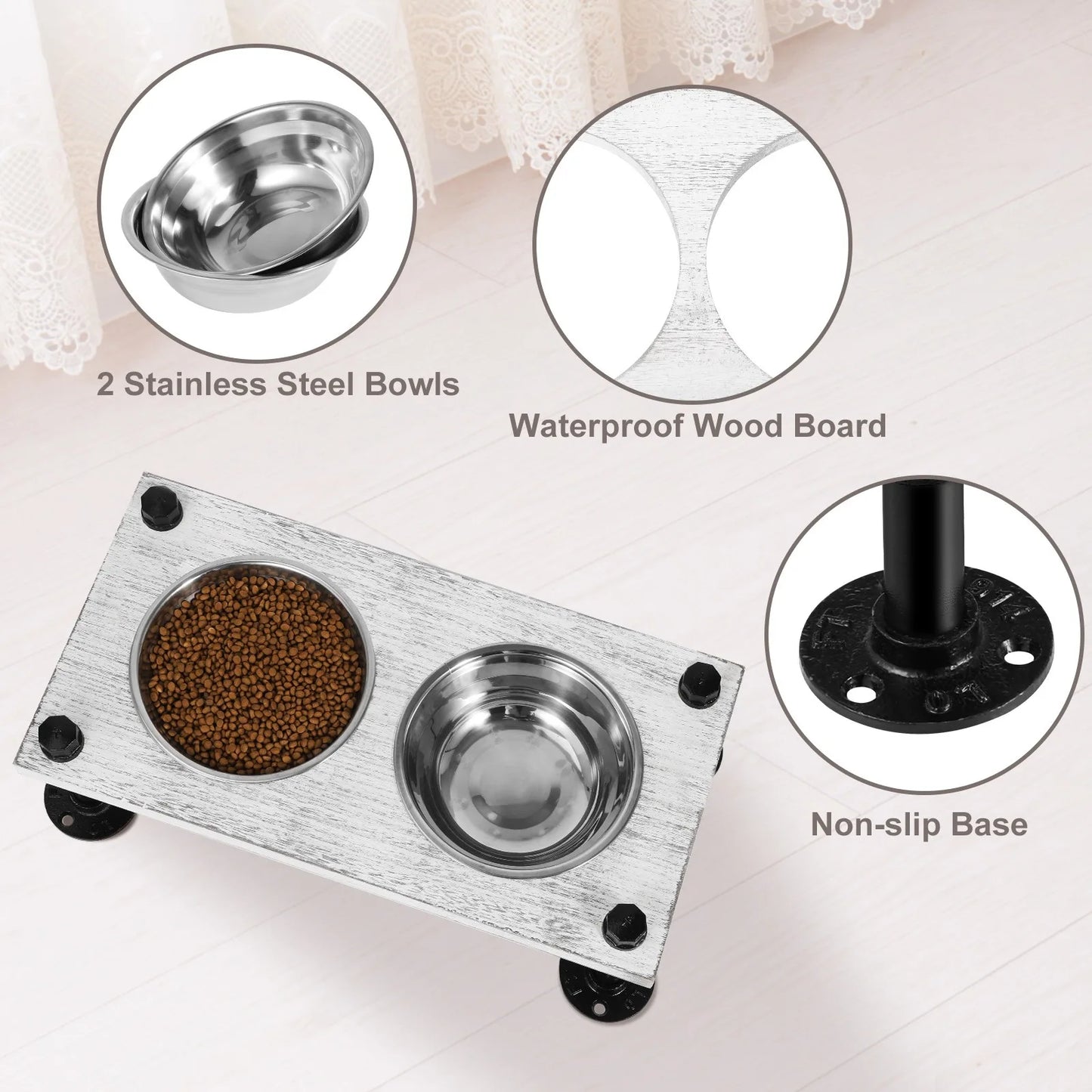 Raised Dog Bowl Stand with 2 Stainless Steel Bowls with Non-Slip Base and Wooden Surface