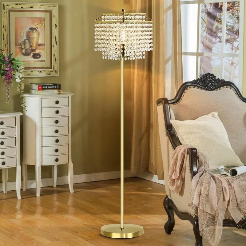 Crystal Floor Lamp, Double-Layer Lampshade, On/Off Foot Switch