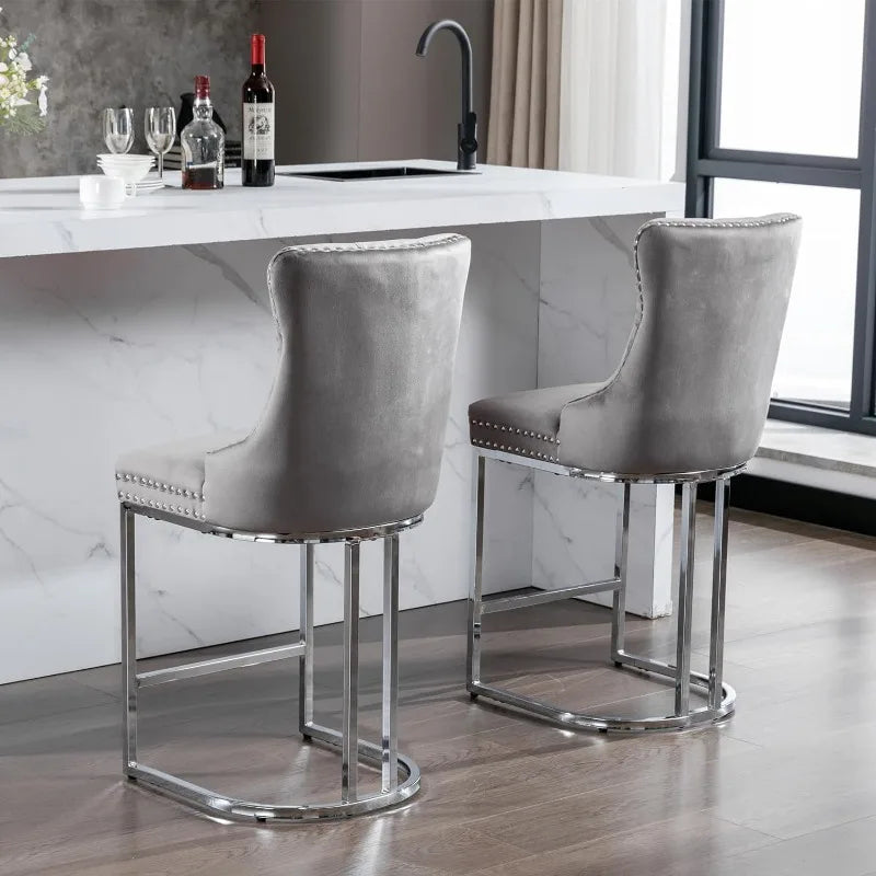 Bar Stools Set of 4 Counter Height, Velvet Upholstered Barstools with Solid Wood Legs, Button Tufted and Nailheads Trim