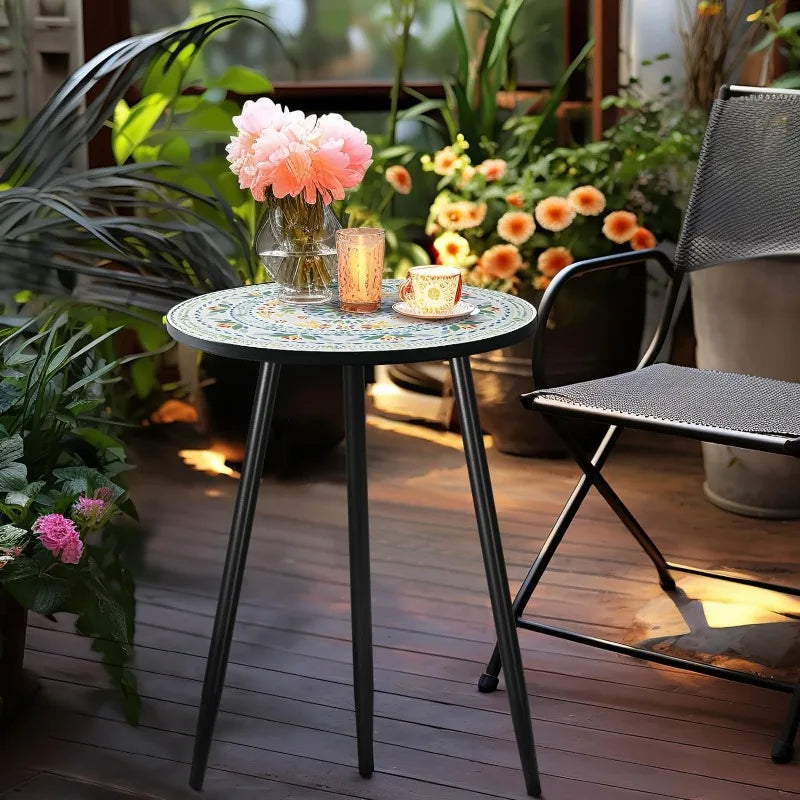 Round Side End Table, 16" Unique Relief Ceramic Tile Table Top with Metal Structure, Small Accent Coffee Tables