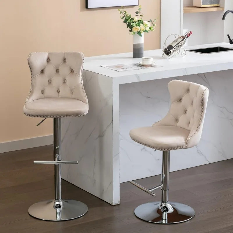 Swivel Bar Stools Set of 2, Adjustable Counter Height Barstools with Nailheads Trim, Button Tufted Back and Silver Footrest,