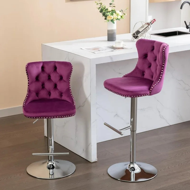 Swivel Bar Stools Set of 2, Adjustable Counter Height Barstools with Nailheads Trim, Button Tufted Back and Silver Footrest,