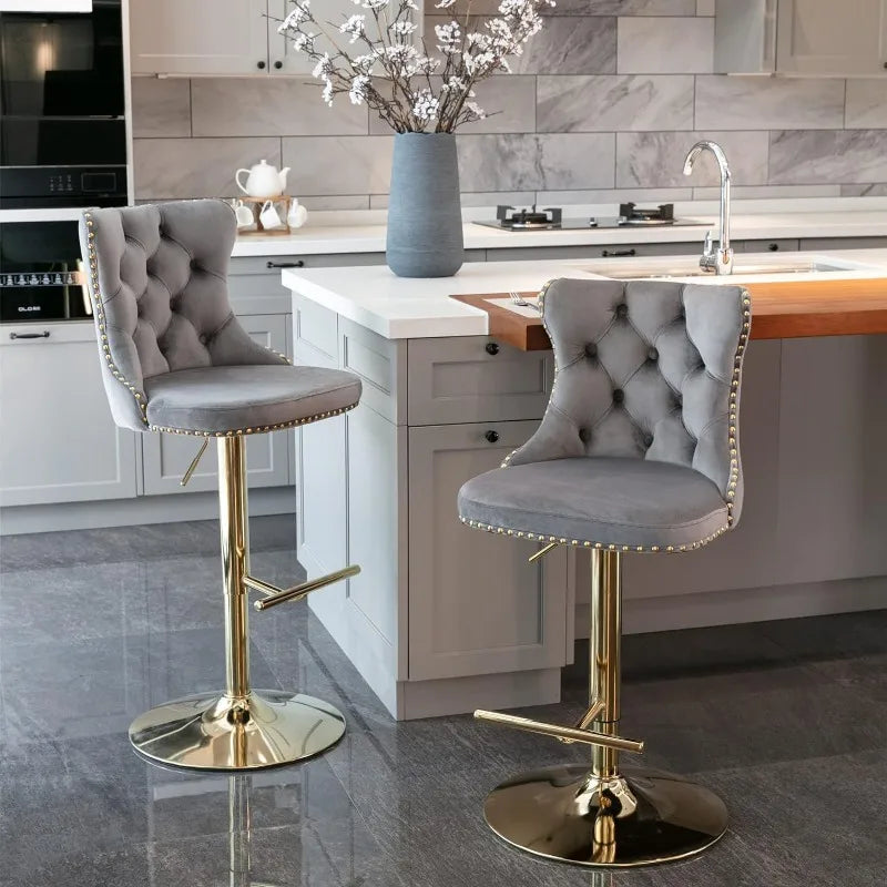 Swivel Bar Stools Set of 2, Adjustable Counter Height Barstools with Nailheads Trim, Button Tufted Back and Silver Footrest,