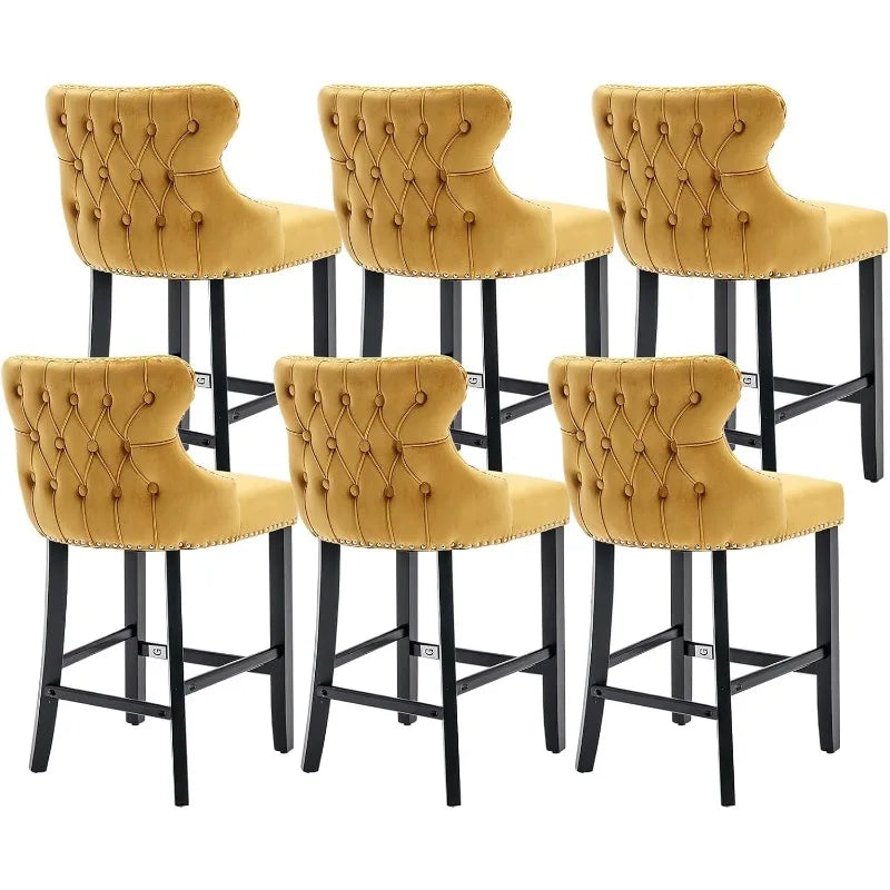 Bar Stools Set of 4 Counter Height, Velvet Upholstered Barstools with Solid Wood Legs, Button Tufted and Nailheads Trim