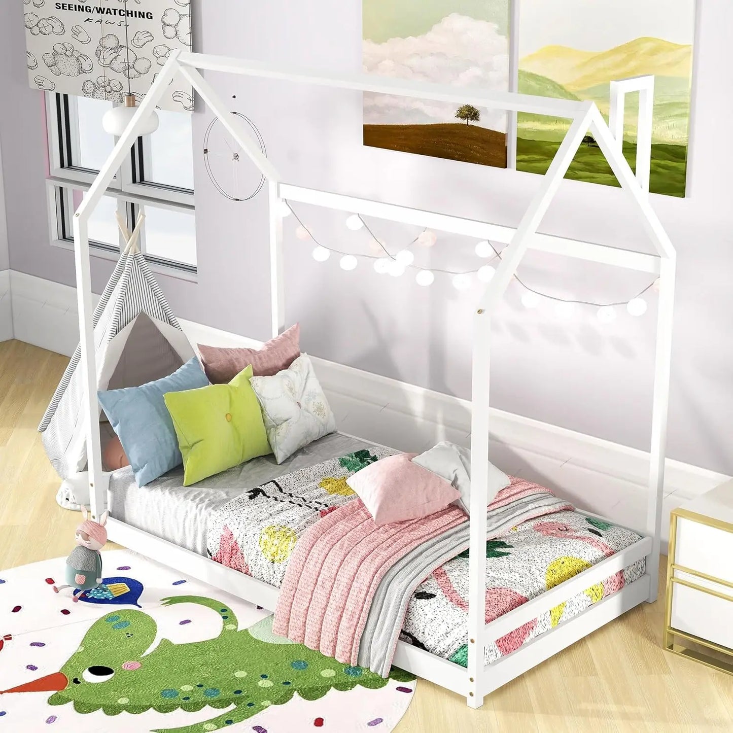 Kids' Twin Size House Frame Wooden Floor Bed with Fence