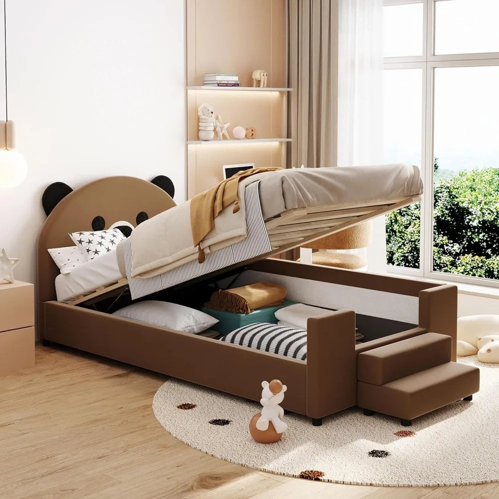 Twin Size Upholstered Bed Frame Daybed with Bear Shaped Headboard ,Hydraulic Storage System