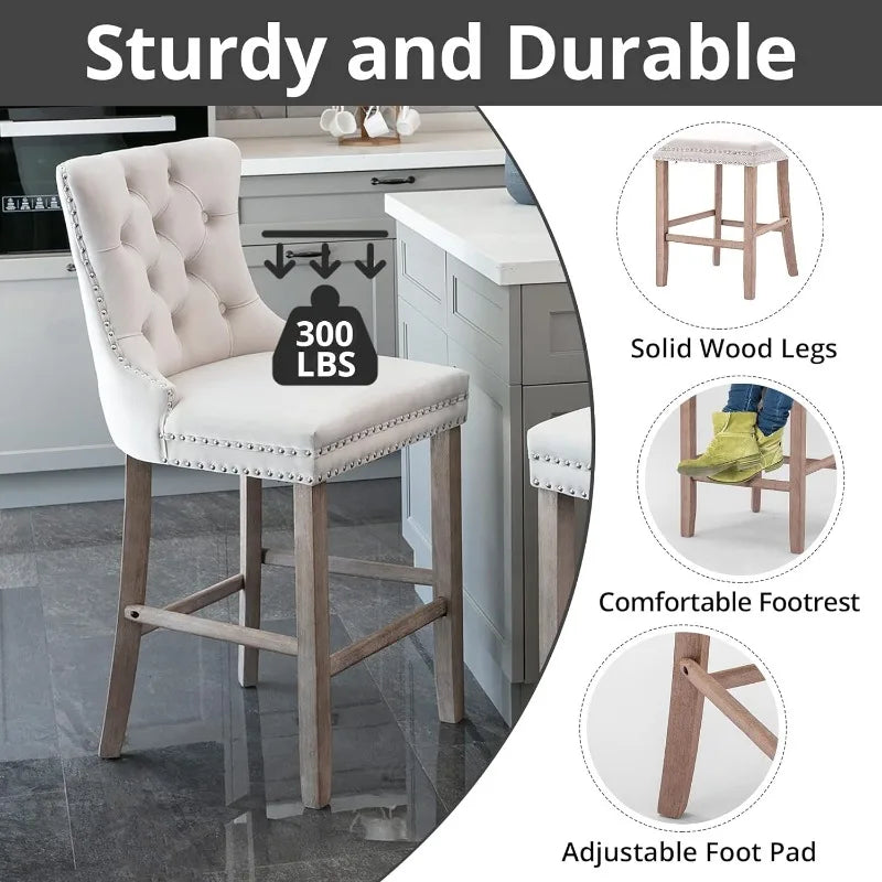 Bar Stools Set of 4 Counter Height, Velvet Upholstered Barstools with Solid Wood Legs, Button Tufted and Nailheads Trim