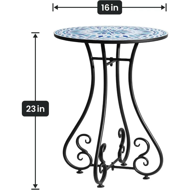 Round Side End Table, 16" Unique Relief Ceramic Tile Table Top with Metal Structure, Small Accent Coffee Tables