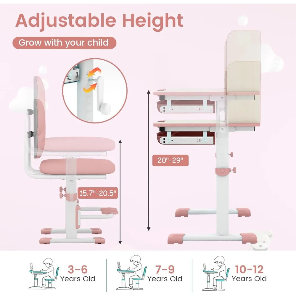 Kids Desk and Chair Set - Height Adjustable Children School Study Table and Chair Set w/Tilt Desktop