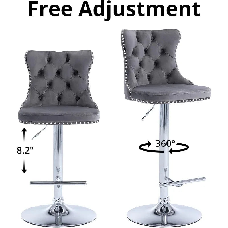 Swivel Bar Stools Set of 2, Adjustable Counter Height Barstools with Nailheads Trim, Button Tufted Back and Silver Footrest,