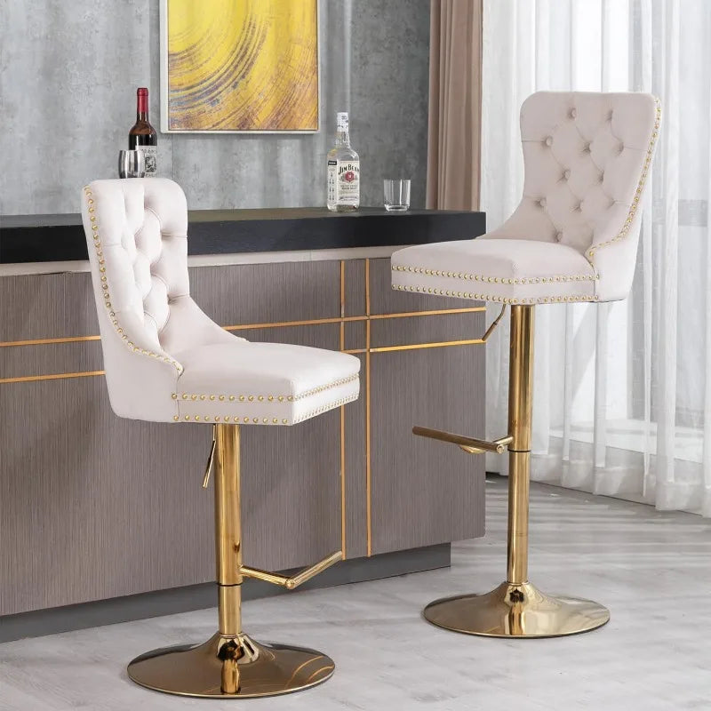 Swivel Bar Stools Set of 2, Adjustable Counter Height Barstools with Nailheads Trim, Button Tufted Back and Silver Footrest,