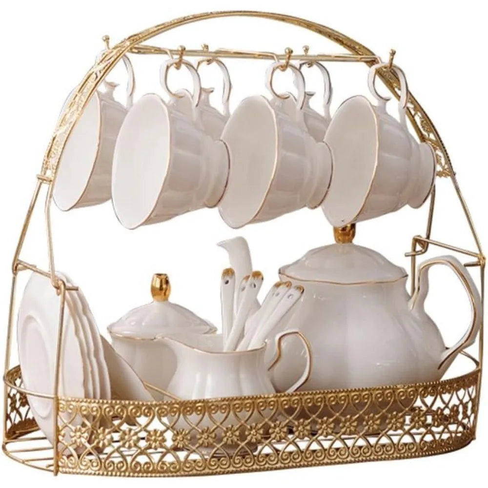 15 Pieces White English Ceramic Tea Set, Tea Pot is Bone China; Cups with Metal Holder Matching Spoons,