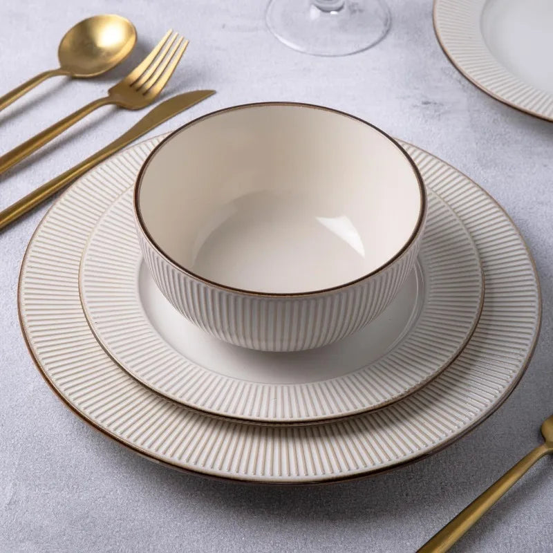 Ceramic Dinnerware Set; Embossed Elegant Stoneware Plates and Bowls