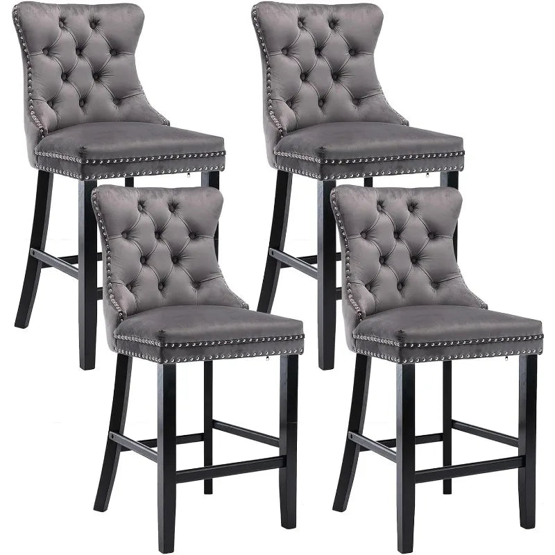 Bar Stools Set of 4 Counter Height, Velvet Upholstered Barstools with Solid Wood Legs, Button Tufted and Nailheads Trim