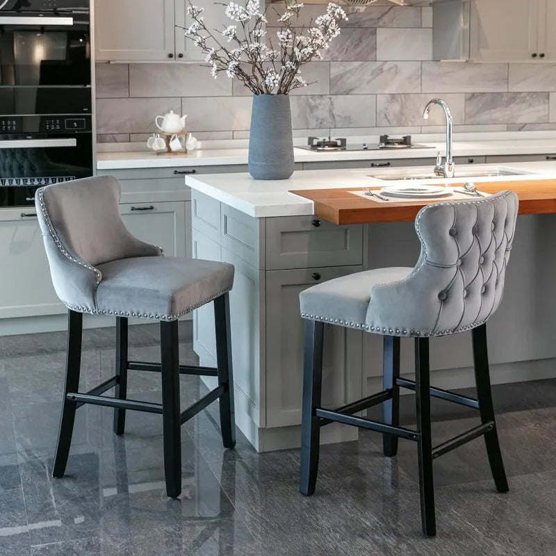 Bar Stools Set of 4 Counter Height, Velvet Upholstered Barstools with Solid Wood Legs, Button Tufted and Nailheads Trim