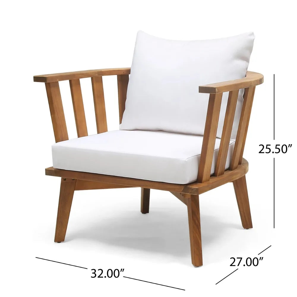 Milca Outdoor Acacia Wood Club Chair with Cushions, White and Teak Outdoor Chair Set