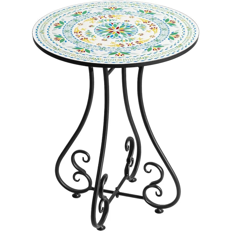 Round Side End Table, 16" Unique Relief Ceramic Tile Table Top with Metal Structure, Small Accent Coffee Tables