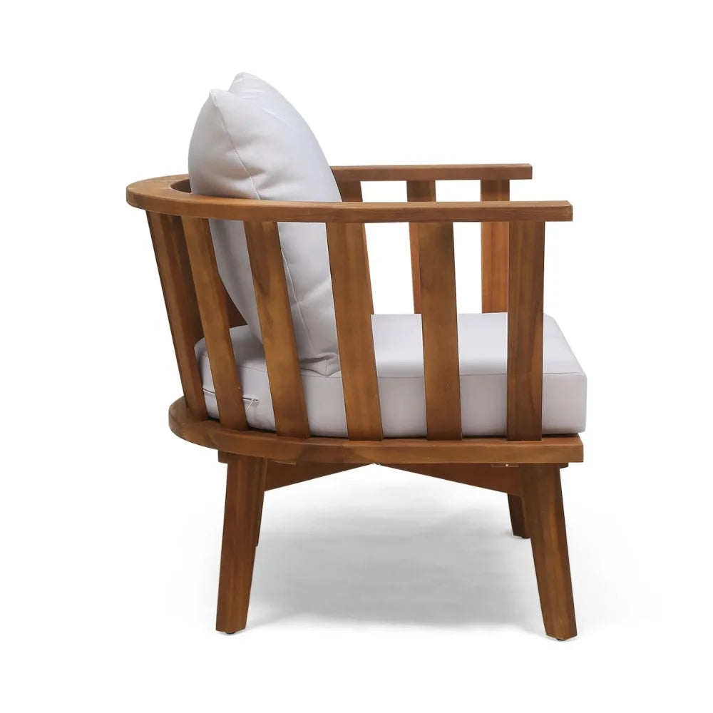 Milca Outdoor Acacia Wood Club Chair with Cushions, White and Teak Outdoor Chair Set