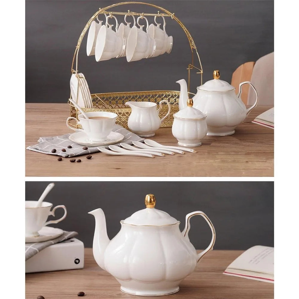 15 Pieces White English Ceramic Tea Set, Tea Pot is Bone China; Cups with Metal Holder Matching Spoons,