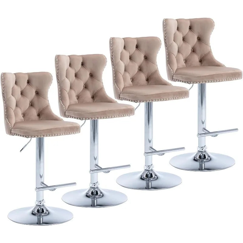 Swivel Bar Stools Set of 2, Adjustable Counter Height Barstools with Nailheads Trim, Button Tufted Back and Silver Footrest,