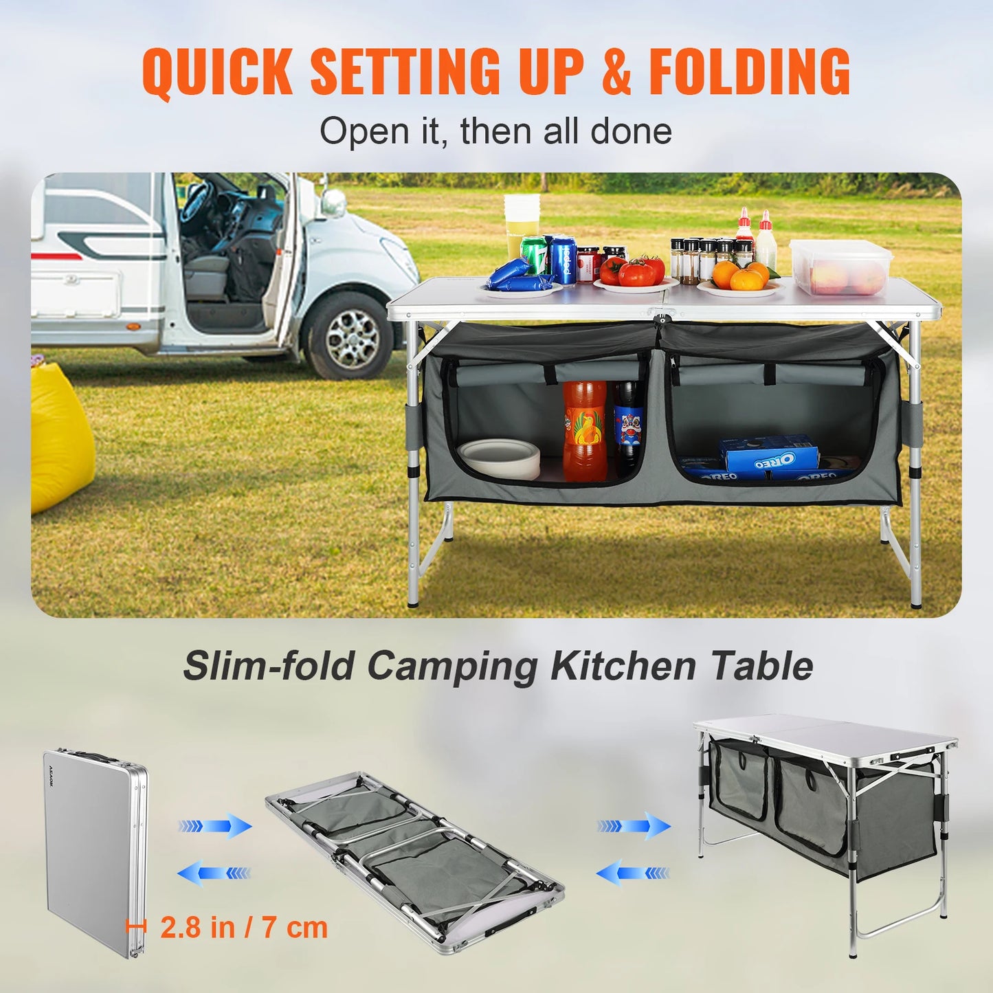 Folding Picnic Table /Kitchen Camping Cupboards/ Aluminum Suitcase Table W/ Storage Bag/ Adjustable Height for Outdoor Garden