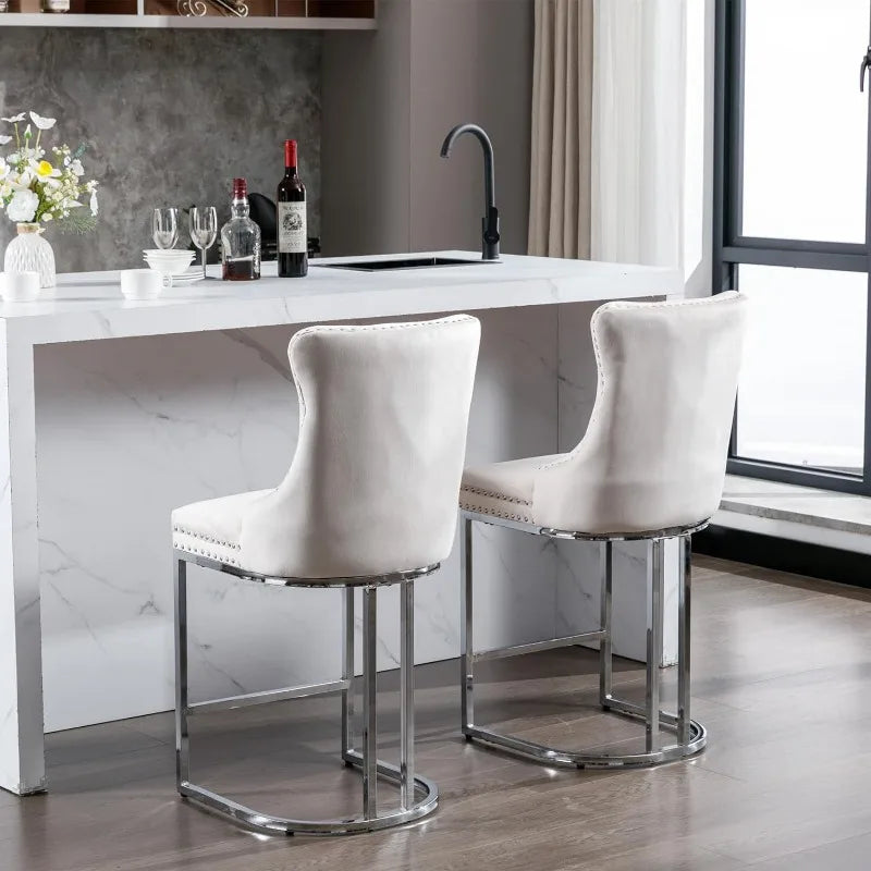 Bar Stools Set of 4 Counter Height, Velvet Upholstered Barstools with Solid Wood Legs, Button Tufted and Nailheads Trim