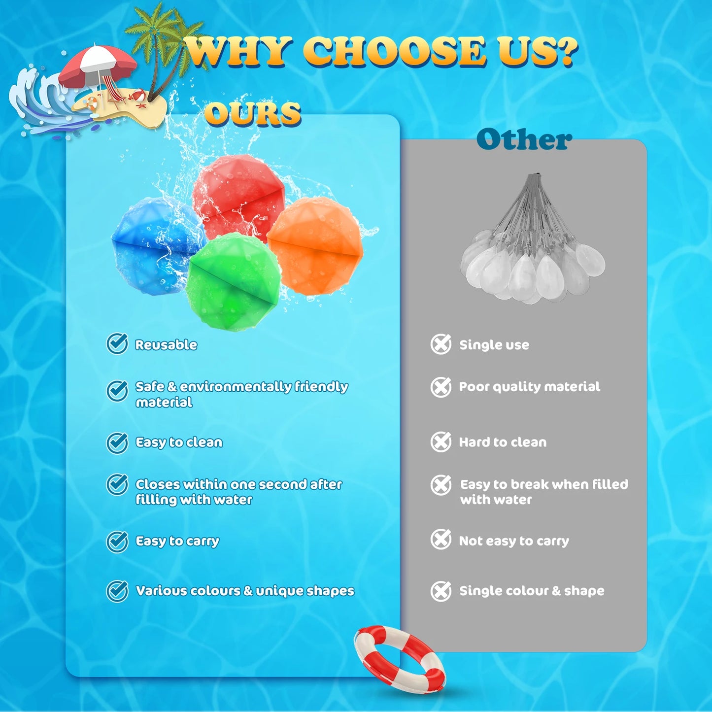 Reusable Water balloon Outdoor Games/ Beach Summer Refillable Self-Sealing Silicone Water Ball Toys for Kids