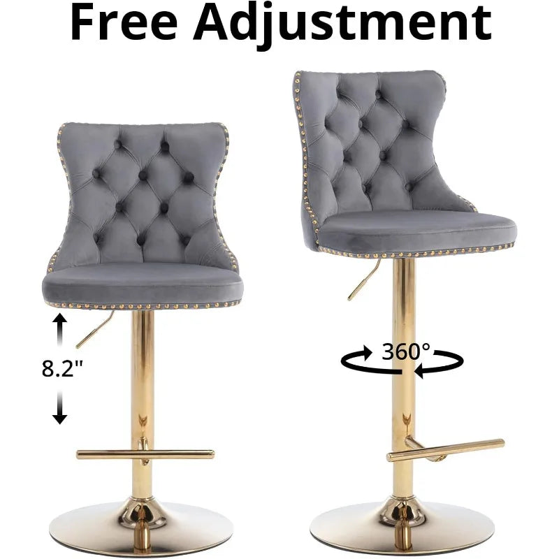 Swivel Bar Stools Set of 2, Adjustable Counter Height Barstools with Nailheads Trim, Button Tufted Back and Silver Footrest,