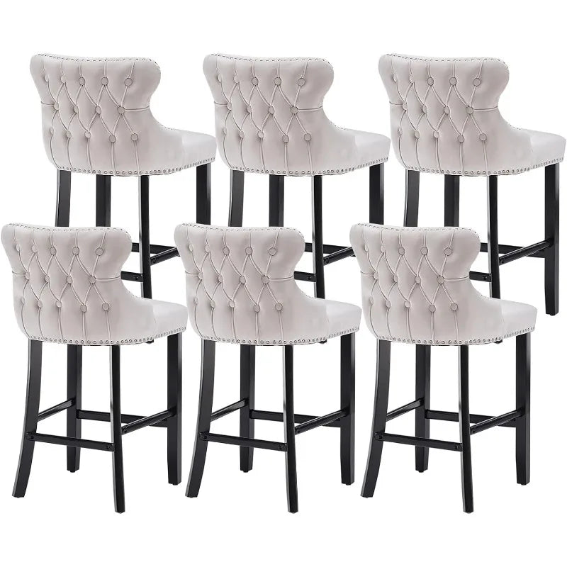 Bar Stools Set of 4 Counter Height, Velvet Upholstered Barstools with Solid Wood Legs, Button Tufted and Nailheads Trim