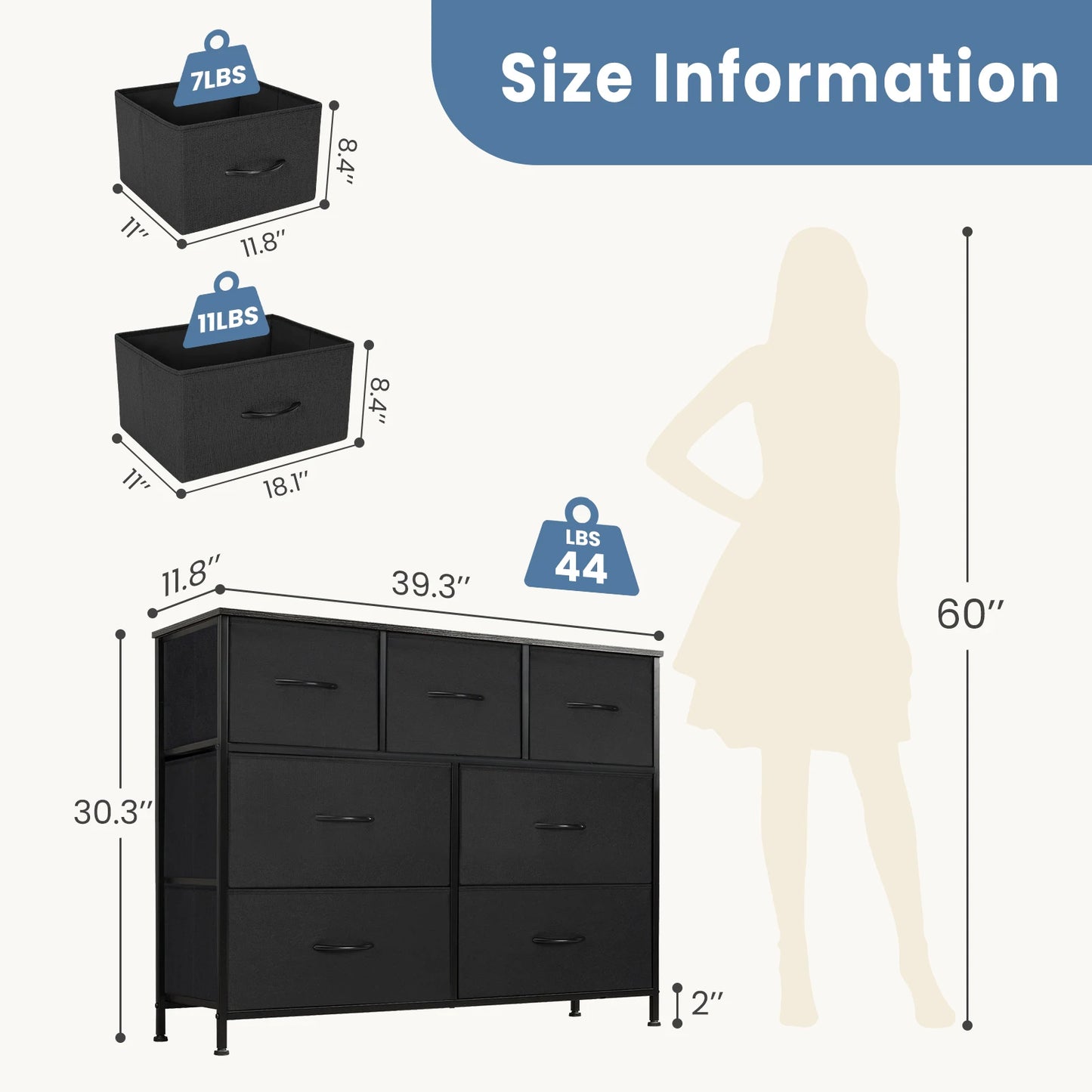 DRESSER For Bedroom With 7 Fabric Drawers; Organizer; Storage Closet; OR Living Room Display Cabinet