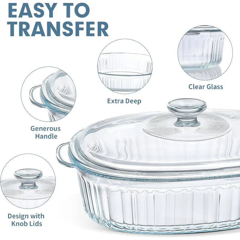 4-Piece Glass Casserole Baking Dish, Set of 2 Casseroles With Glass Lids, 1.9 Qt and 3 Qt