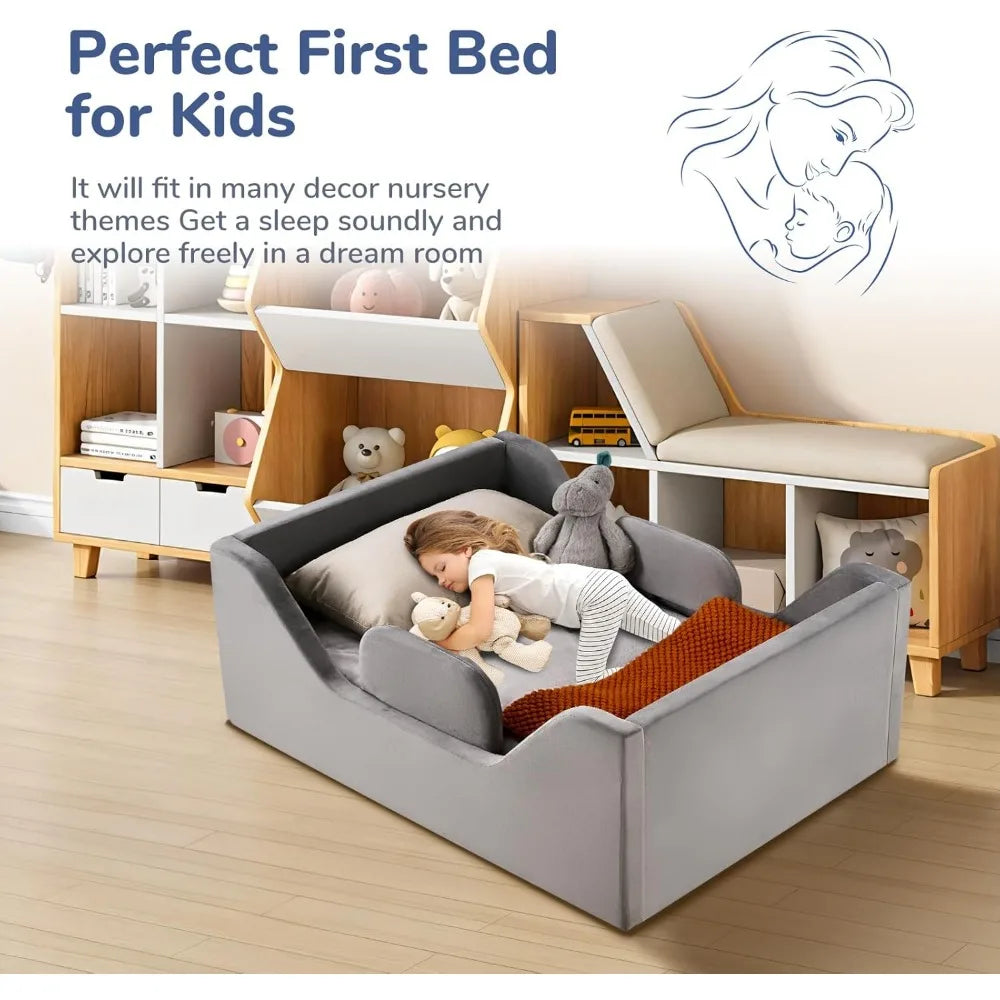 Toddler Bed Frame, Floor Bed with Removable Safety Rails,  Ages 0-24 mo.