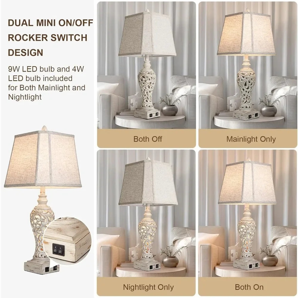 Table Lamps Set of 2 -Fabric Shades for Bedroom and Living Room With USB Indoor