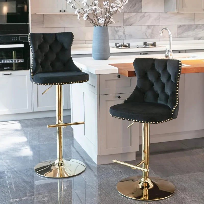 Swivel Bar Stools Set of 2, Adjustable Counter Height Barstools with Nailheads Trim, Button Tufted Back and Silver Footrest,