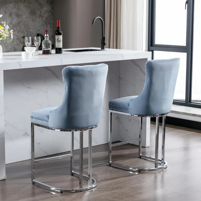 Bar Stools Set of 4 Counter Height, Velvet Upholstered Barstools with Solid Wood Legs, Button Tufted and Nailheads Trim