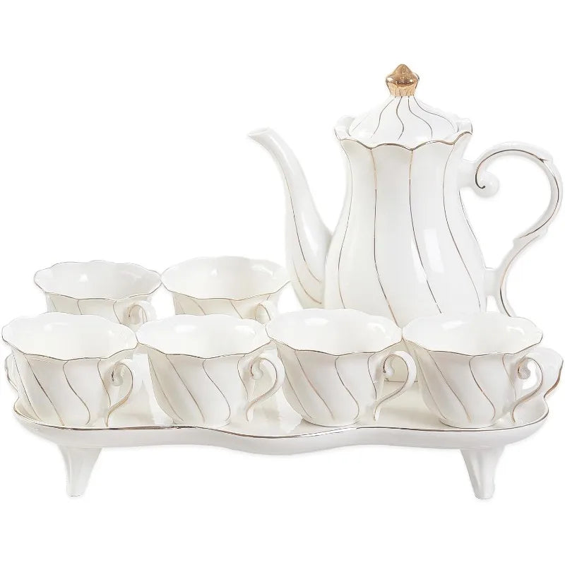 14 pcs Tea Set for 6 with Tea Tray & Spoons, Luxury British Style Tea/Coffee Cup Set with Golden Trim, Beautiful