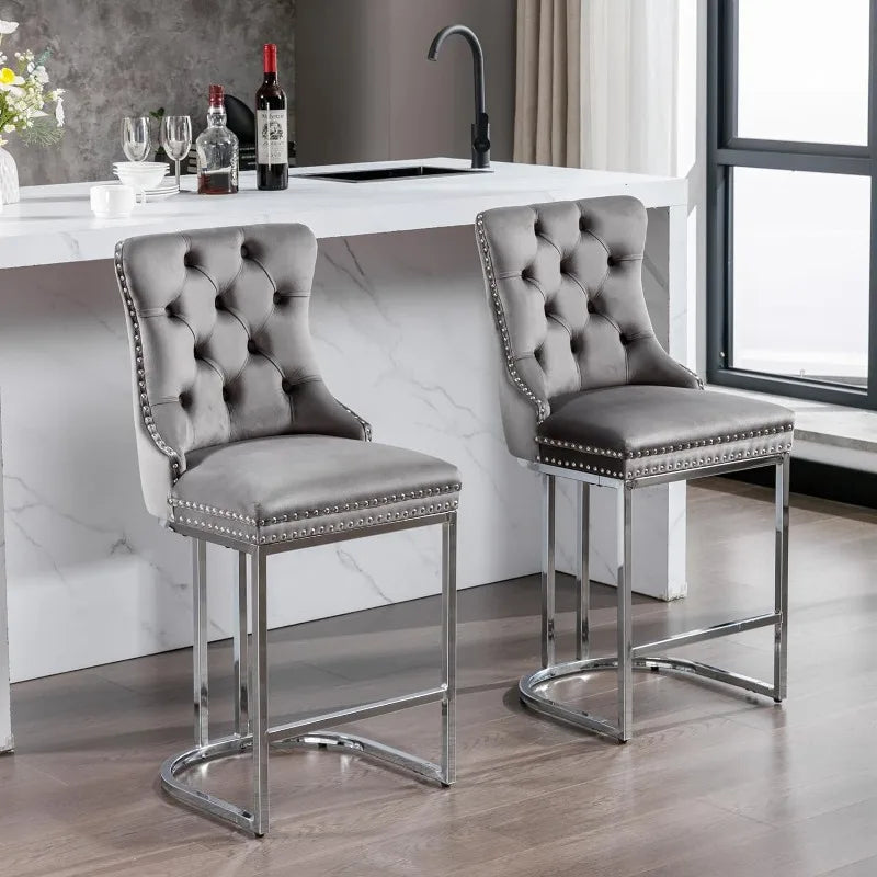 Bar Stools Set of 4 Counter Height, Velvet Upholstered Barstools with Solid Wood Legs, Button Tufted and Nailheads Trim