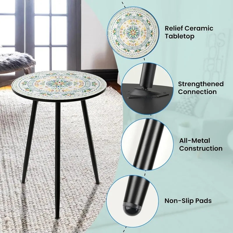 Round Side End Table, 16" Unique Relief Ceramic Tile Table Top with Metal Structure, Small Accent Coffee Tables