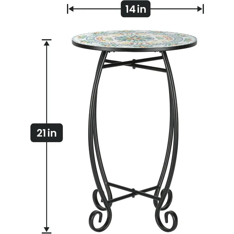 Round Side End Table, 16" Unique Relief Ceramic Tile Table Top with Metal Structure, Small Accent Coffee Tables