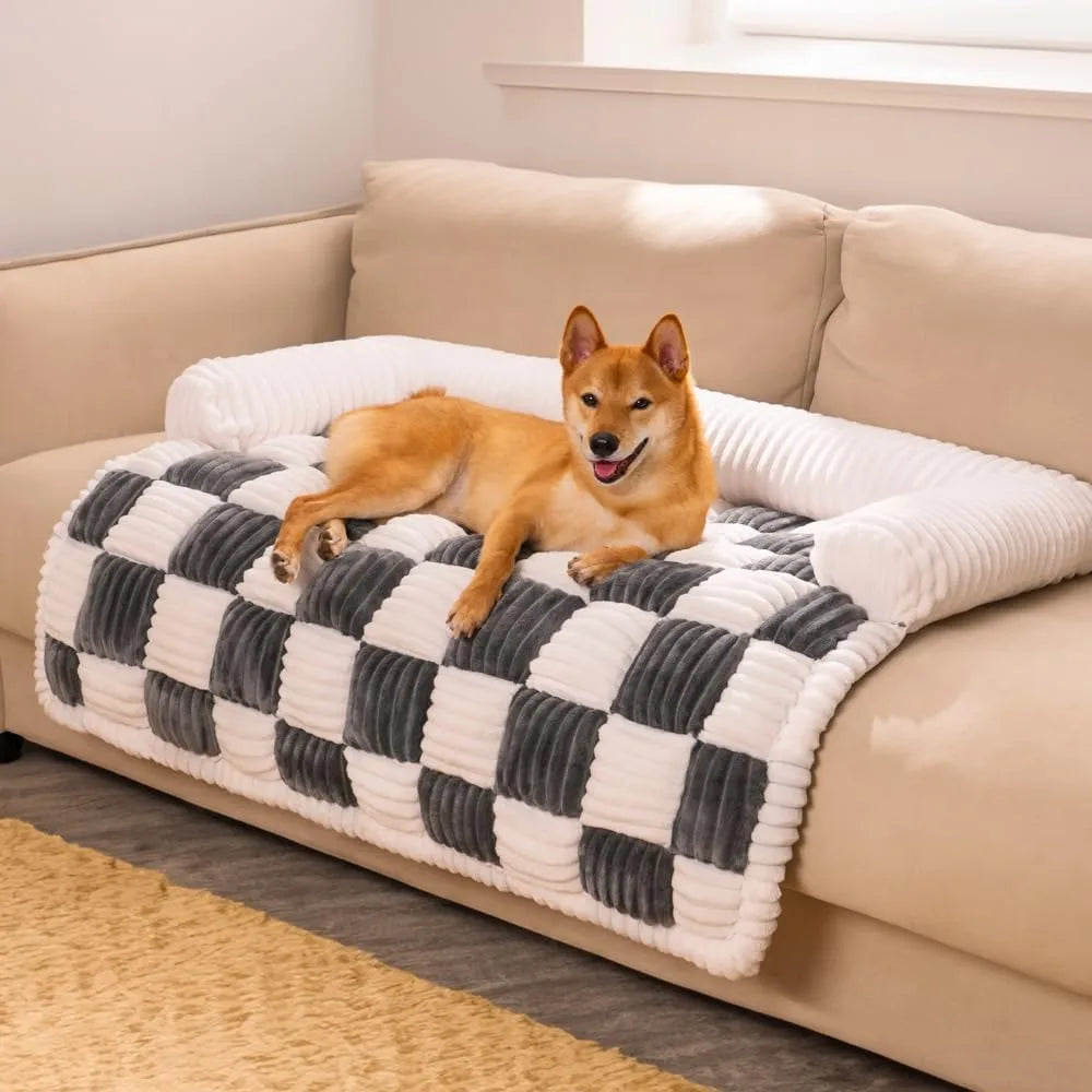 Pet Couch Covers for Sofa, Cream Square Plaid Furniture Protector