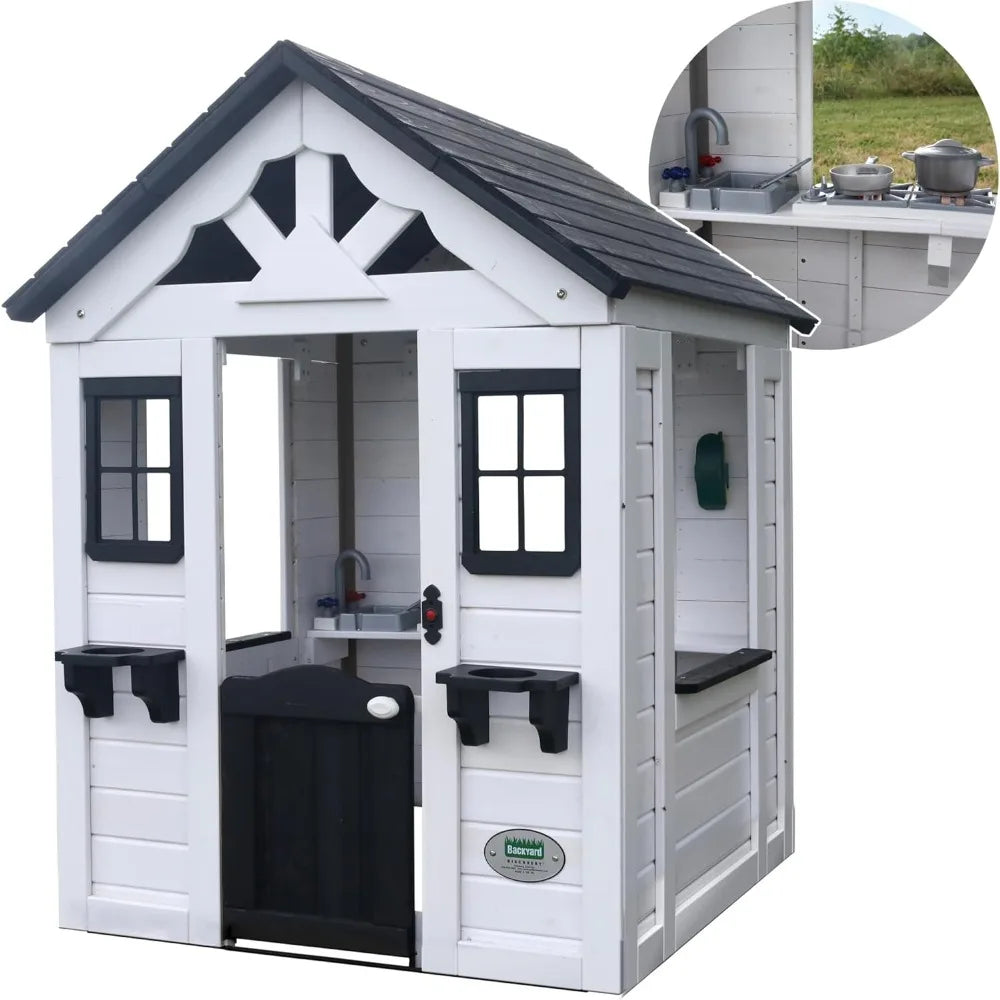 All Cedar White Outdoor Wooden Playhouse, Cottage, Sink, Stove, Windows