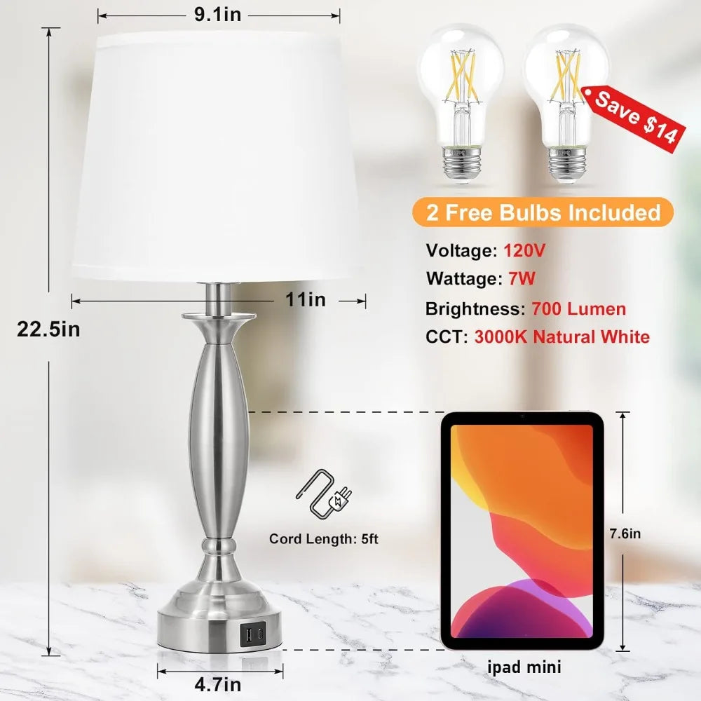 Brushed Nickel Touch Control Bedside Lamp with USB C+A, 3 Way Dimmable