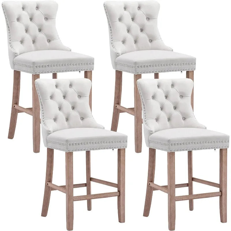 Bar Stools Set of 4 Counter Height, Velvet Upholstered Barstools with Solid Wood Legs, Button Tufted and Nailheads Trim