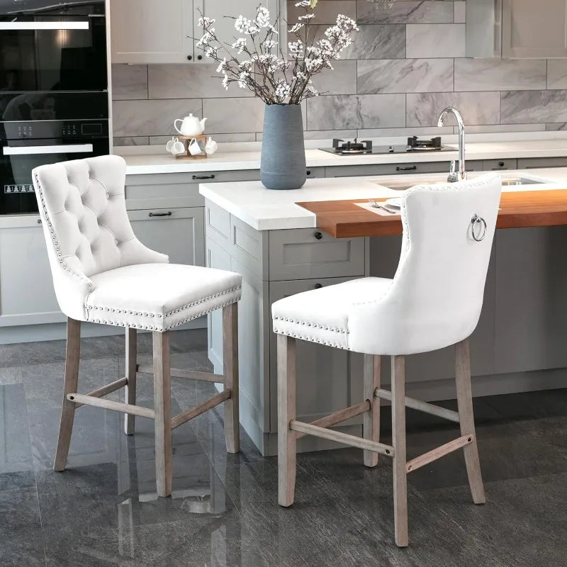 Bar Stools Set of 4 Counter Height, Velvet Upholstered Barstools with Solid Wood Legs, Button Tufted and Nailheads Trim