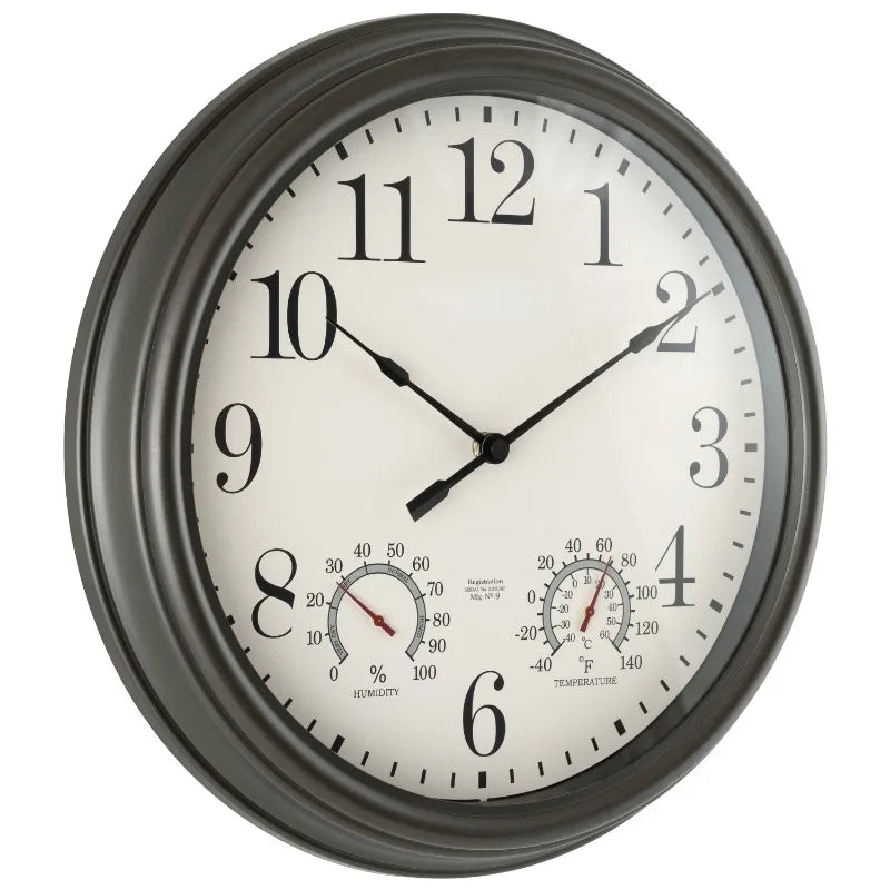 15.5" Indoor/Outdoor Gray Gunmetal Finish Analog Wall Clock with thermometer and hygrometer.