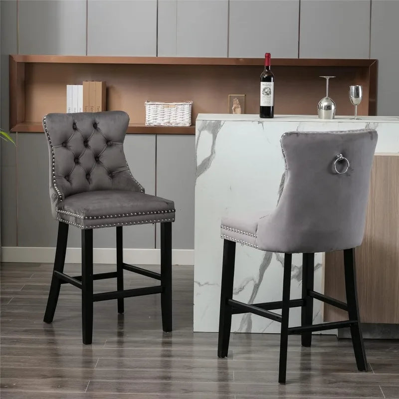 Bar Stools Set of 4 Counter Height, Velvet Upholstered Barstools with Solid Wood Legs, Button Tufted and Nailheads Trim