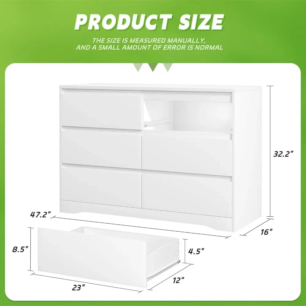 White Modern  Dresser with 6 Deep Drawers, for Bedroom