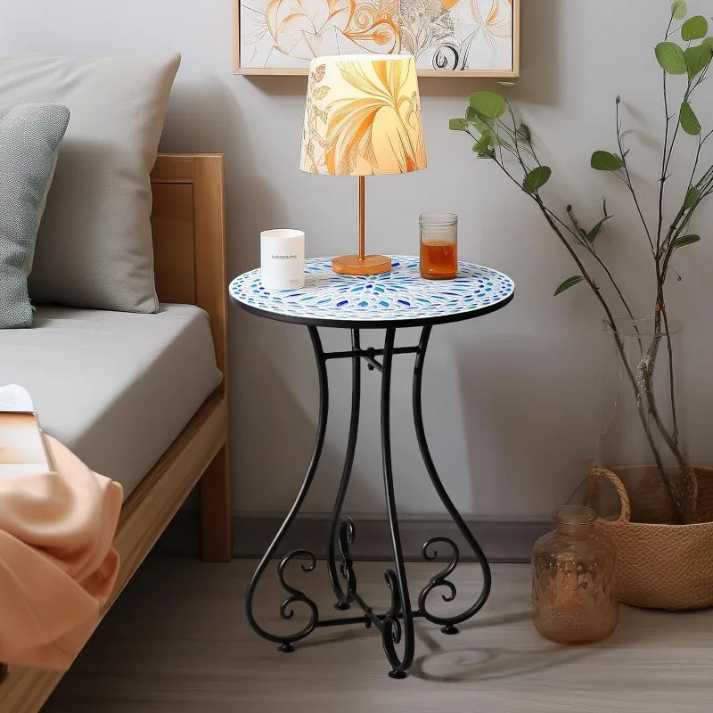 Round Side End Table, 16" Unique Relief Ceramic Tile Table Top with Metal Structure, Small Accent Coffee Tables