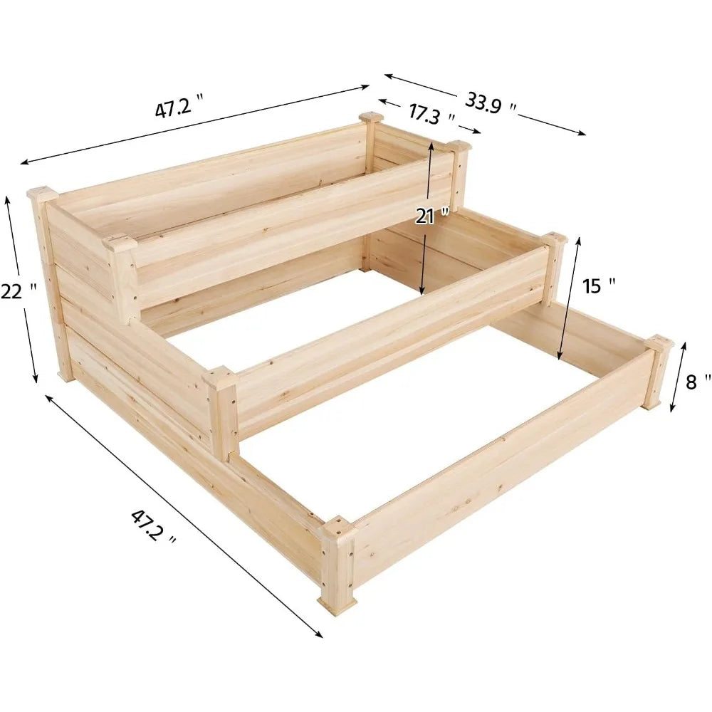 3 Tier 47 x 47 x 22in Raised Garden Bed/  Horticulture Outdoor Elevated Flower Box / Tiered Wooden Vegetables Growing Planter